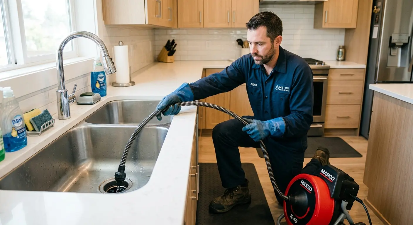 Drain cleaning technician using a motorized snake on a kitchen sink in Tellico Village