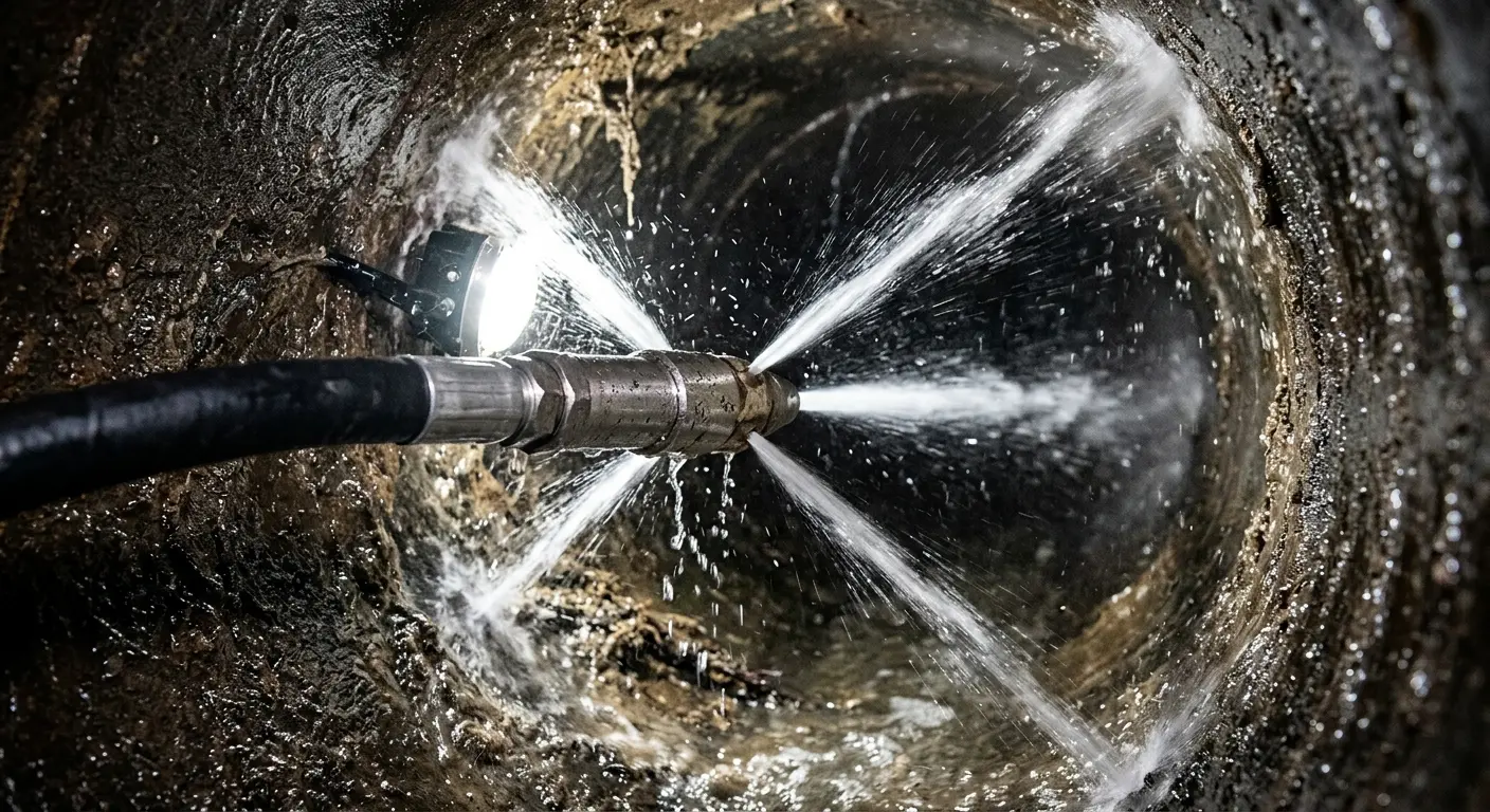 High-pressure hydro jetting nozzle cleaning sewer pipe for Storm Drain Cleaning in Tellico Village