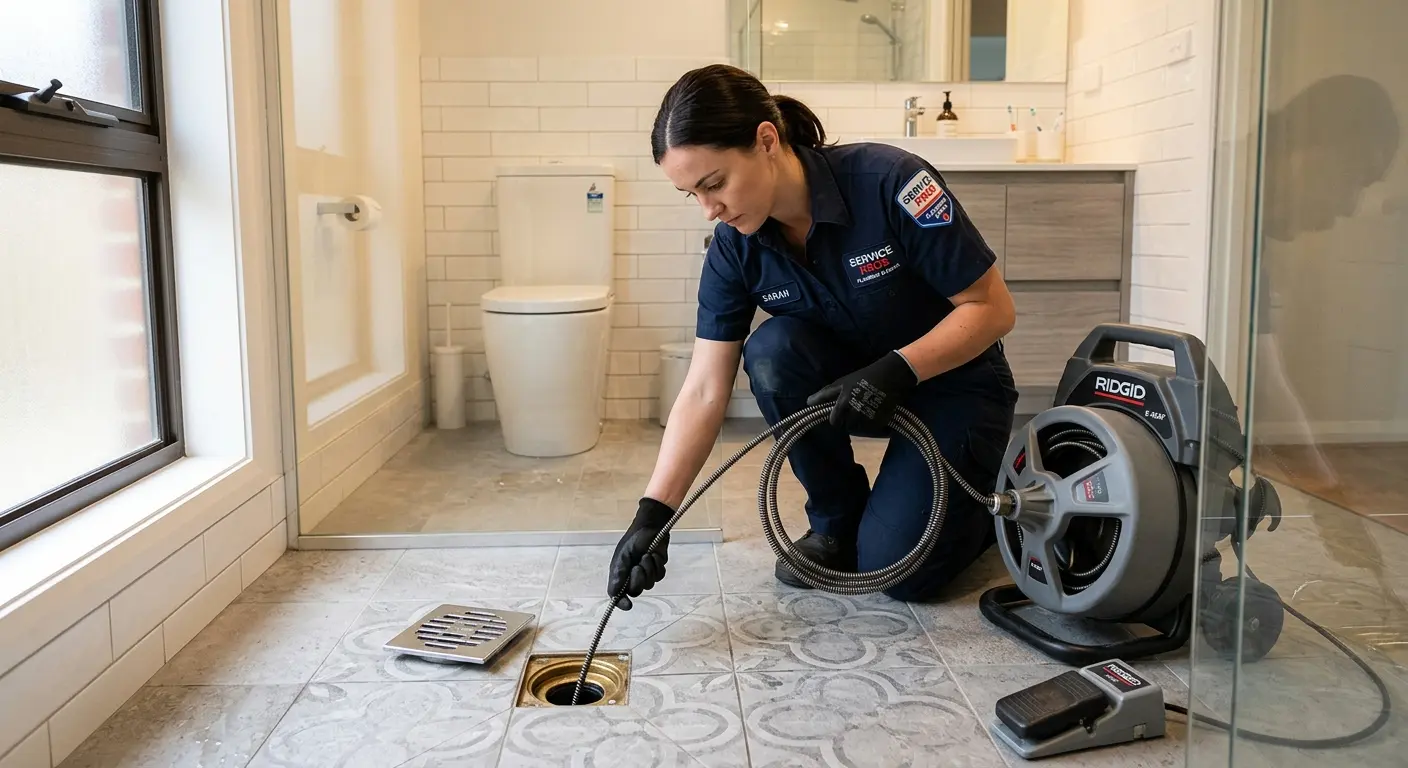Technician clearing a bathroom floor drain for Drain Cleaning in Tellico Village